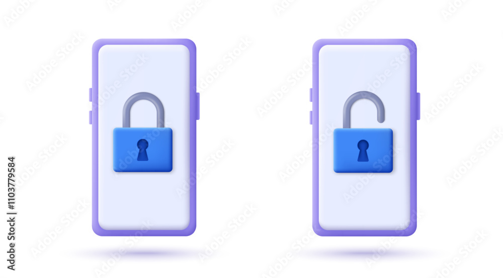 Poster 3D smartphone with security padlock symbol. 3D design of cyber security and data protection concept. Secure technology. Vector illustration.