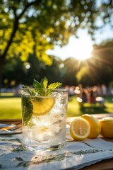 Refreshing iced lemon drink, mint, sunny park.