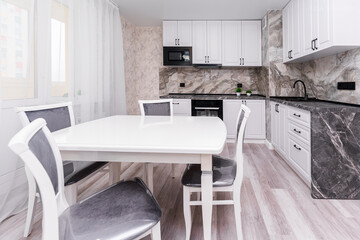 modern apartment interior design kitchen and hall. large dining table with chairs. interior in light and gray colors
