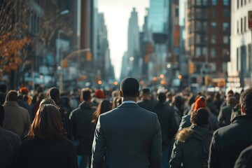 Obraz premium Back View Commuter Walking City Street Scene