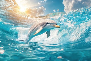 Obraz premium Dolphin swimming playfully in vibrant ocean waves under a sunny sky