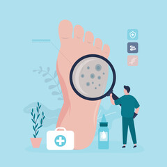 Podology, feet disease, fungal infection. Doctor  exam and treat foot and nail psoriasis. Podiatrist analyzes psoriatic feet. Inflammation of the skin. Medical care