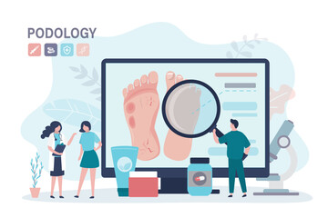 Podology, feet disease, fungal infection. Group of doctors exam patient, treatment of foot and nail psoriasis. Podiatrist analyzes psoriatic feet. Inflammation of the skin.