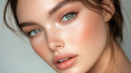 Obraz premium Close-up of a woman face with well-defined features, focusing on her eyes and natural elegance for a beauty concept.