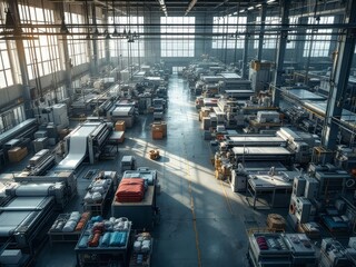 Fototapeta premium Drone footage of a textile mill's operations.