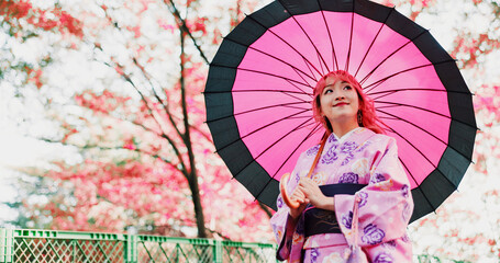 Cherry blossom, park and woman with kimono, umbrella or sightseeing on outdoor adventure. Fashion,...