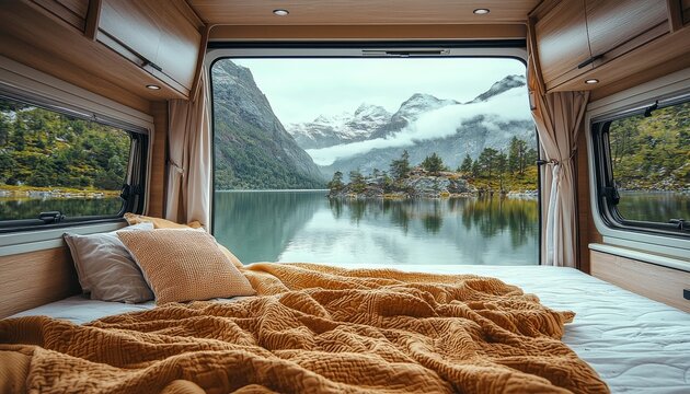 A cozy van interior overlooks a serene lake surrounded by mountains, showcasing a perfect blend of comfort and nature.