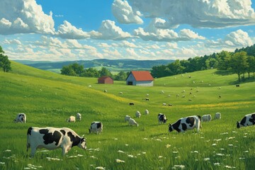 Fototapeta premium Idyllic pastoral scene: cows graze, barns stand.