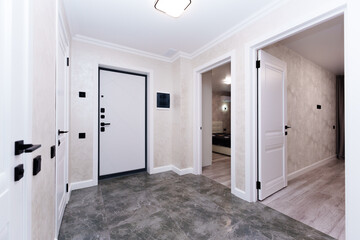white doors in the hallway and room in a modern apartment