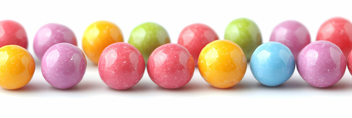 Colorful Gummy Candy Balls in a Row on White Background