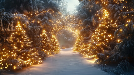 Enchanting winter wonderland: A magical forest path illuminated by golden lights leading to a grove of glowing Christmas trees, captured in stunning hyper-realistic 3D.
