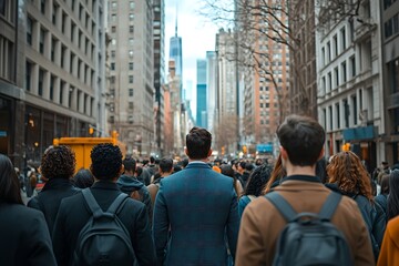 Backlit Businessman in Dense City Rush Hour Crowd