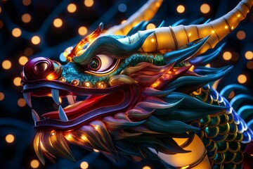 Fototapeta premium A vibrant dragon head adorned with lights, set against a backdrop of glowing orbs, showcasing intricate details and a fierce expression.