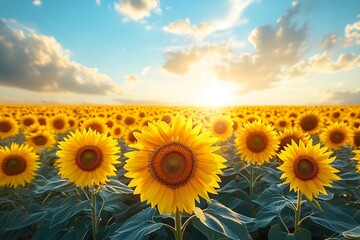 Fototapeta premium Vibrant sunflowers blossom in a vast field at sunset under a colorful sky