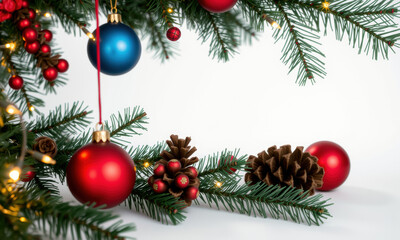 Fototapeta premium Colorful Christmas decorations with pine cones and ornaments on tree