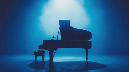 Grand piano silhouette in blue spotlight.