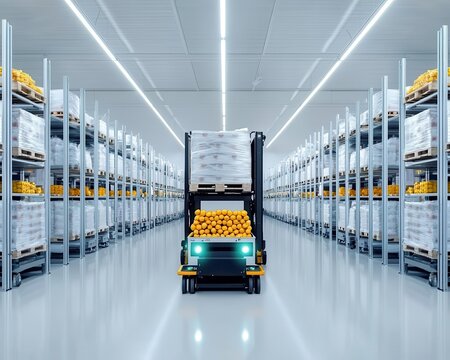 Robotic pallet movers in a food warehouse, ensuring efficient stock handling and logistics, Robotic pallet movers, Automated, efficient, modern