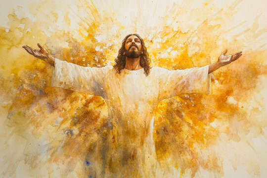 A depiction of Jesus with open arms, surrounded by light, welcoming all who come to him. The watercolor uses golden hues and soft light to create an inviting, peaceful atmosphere.