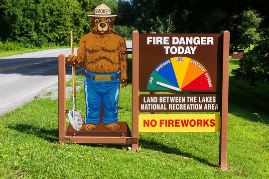 DOVER, TN,  USA-30 MAY 18: An image of Smokey the Bear warns of fire danger in Land Between the Lakes area in western Kentucky and Tennessee.