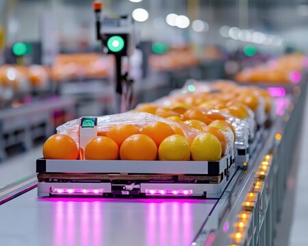 Robotic pallet movers in a food warehouse, ensuring efficient stock handling and logistics, Robotic pallet movers, Automated, efficient, modern