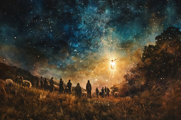 Shepherds in a field under a starry night, their faces illuminated by the light of a heavenly angel, announcing the birth of Jesus in a soft watercolor style with a glowing, celestial sky