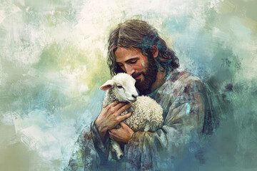 In this digital painting, Jesus holds a lamb in His arms, with a soft, compassionate smile on His face. The background features a gentle, abstract wash of light blues and greens, symbolizing the