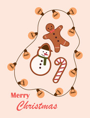 Christmas greeting card with cute gingerbread and colorful garland, inscription Merry Christmas