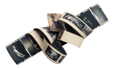Tangled roll of photographic film with black and white images