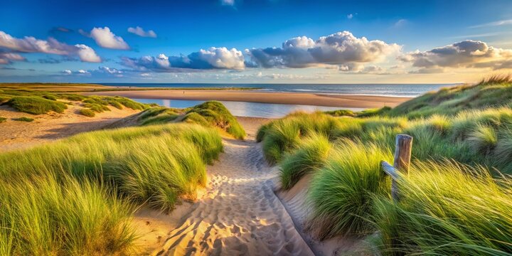 Scenic Entrance to Burnham Overy Straithe Beach through Lush Sand Dunes in North Norfolk, Capturing the Serene Coastal Landscape and Natural Beauty of the Region