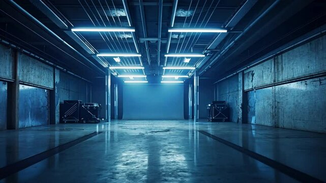 Modern Industrial Space Empty Concrete Area with Blue Lighting Creates Dramatic and Creative Atmosphere for Events and Projects