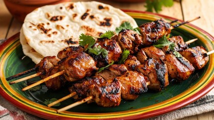 Grilled Meat Skewers with Flatbread and Fresh Garnish on Plate Indian food cuisine