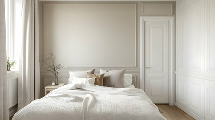 Serene Bedroom, White Bed Linen in Elegant Room with Neutral Wall, Wooden Floor, and Classic Molding.