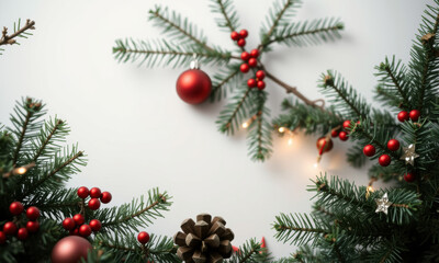 Festive pine branches adorned with red ornaments, berries, and pine cone create warm holiday atmosphere. Perfect for Christmas decorations and seasonal cheer