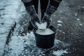 Gloved hands taking road salt from a bucket and spreading it on icy pavement to prevent slipping in...