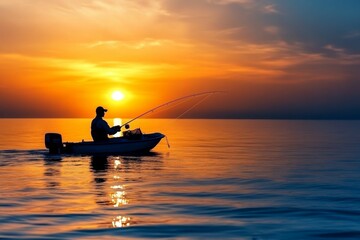 Silhouetted fisherman in boat at sunset, fishing.