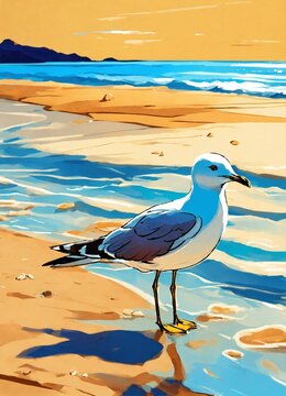  A little seagull on a pretty beach surrounded