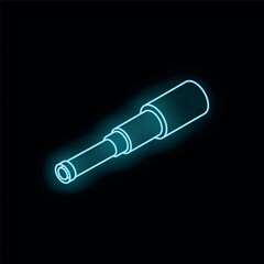 Blue neon sign of a spyglass glowing on a black background
