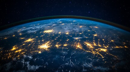 Obraz premium Earth at night, showcasing city lights against a backdrop of stars.