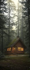 A cozy wooden cabin nestled among tall pine trees, remote, rustic, nature, Sweden