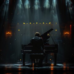 Captivating Solo Pianist Performing on Grand Stage Amidst Dramatic Illuminations and Atmospheric Lighting Effects in Concert Hall