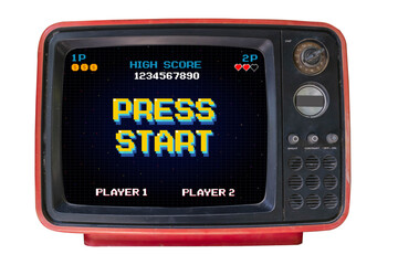PRESS START. pixel art 8-bit game retro game. Retro Futurism Sci-Fi Background. glowing neon grid....