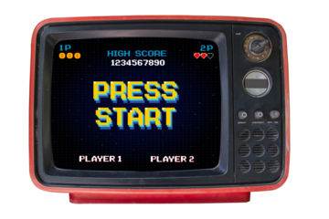 PRESS START. pixel art 8-bit game retro game. Retro Futurism Sci-Fi Background. glowing neon grid. on old retro television. Isolated on white background.