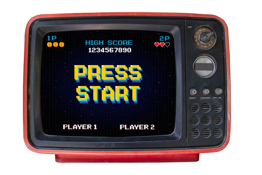 PRESS START. pixel art 8-bit game retro game. Retro Futurism Sci-Fi Background. glowing neon grid. on old retro television. Isolated on white background.