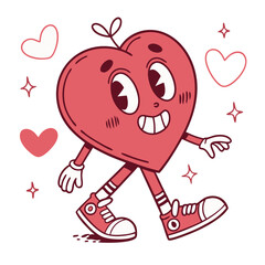 Cute heart character sticker walking with joy surrounded by smaller hearts and sparkles retro groovy style