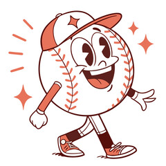 Funny baseball ball cartoon character sticker with a playful expression and cap designed for sports enthusiasts retro groovy style