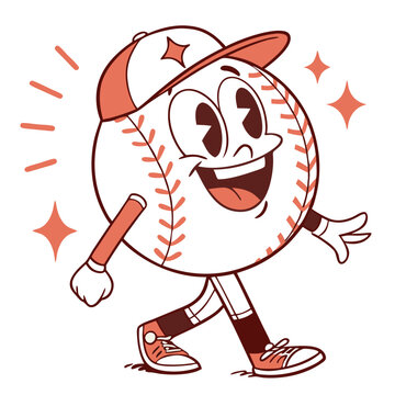 Funny baseball ball cartoon character sticker with a playful expression and cap designed for sports enthusiasts retro groovy style