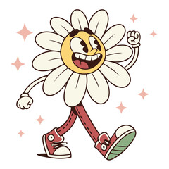 Funny cartoon daisy flower sticker patch with a cheerful smiling face and playful design retro groovy style