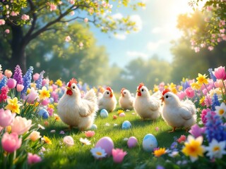 Easter panorama, chickens galore, banner bright.