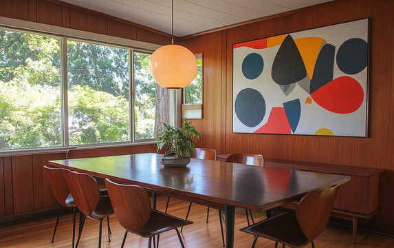 Mid-century modern dining room featuring a dark wood table, retro chairs, pendant light, and abstract art on the walls, with a clean and bold design that highlights vintage elegance.

