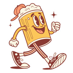 Funny cartoon patch of a cheerful beer glass character wearing a cap and sneakers having a great time retro groovy style
